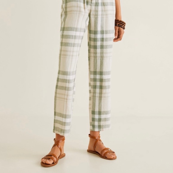 MNG Linen Belted Plaid Trousers Ankle Mid-Rise NWT - Picture 9 of 12